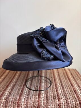 Navy Blue Beaded Floral Formal Hat Fascinator Derby Hat